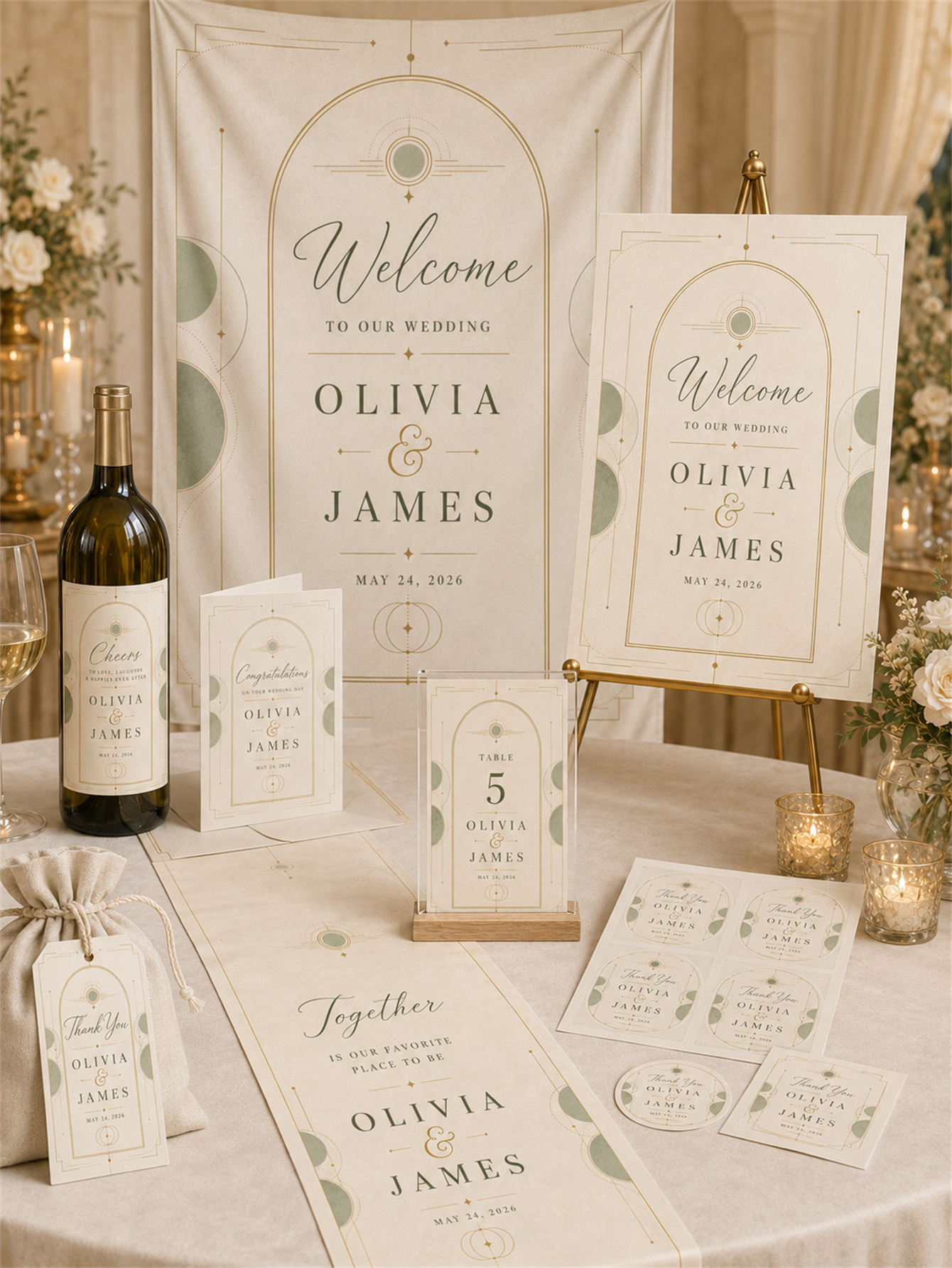 The geometric arch design in sage green and soft gold wedding decorations - a romantic and elegant wedding - customizes names and dates